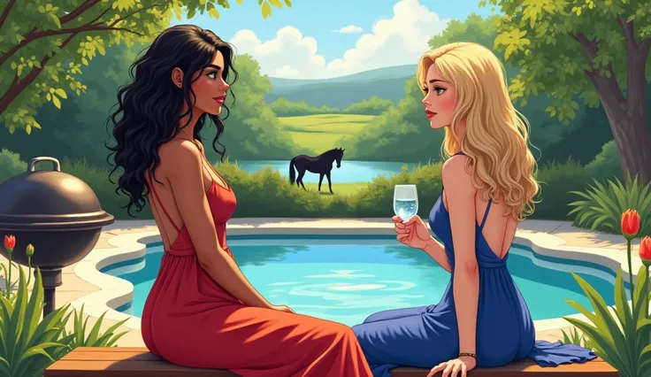  imagine a brunette woman with curly black hair and green eyes in a long red dress in a beautiful place with a swimming pool, Barbecue grill sitting on a bench talking to a blonde friend in a blue dress drinking water while standing looking at a distant bl...