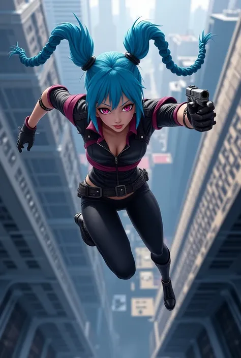 Jinx, Pink Eyes, Blue Hair、Super super long braided twin tail 、 shoot a gun while jumping off a skyscraper、 movie poster