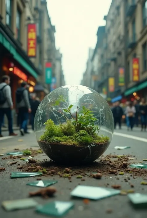 a terrarium that falls to the floor and breaks on a street 