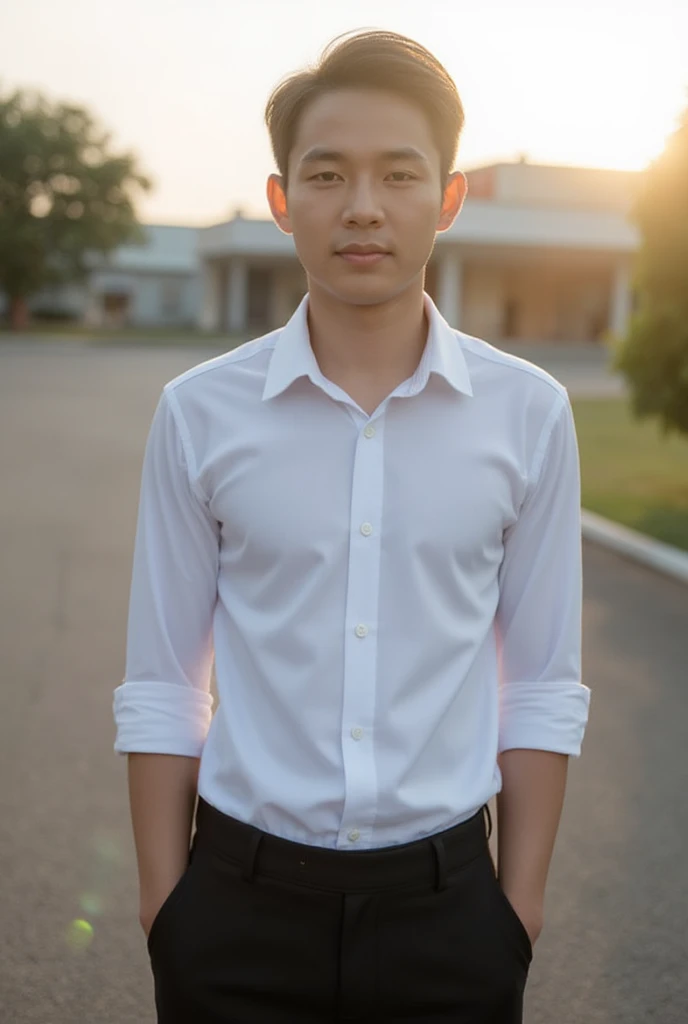 Full-body Photo realistic, A Handsome Thai young man wearing a university student uniform, The uniform consists of a white shirt and black trousers, with a neat appearance; he has short, tidy hair, Soft, natural lighting, with a warm and gentle glow as if ...