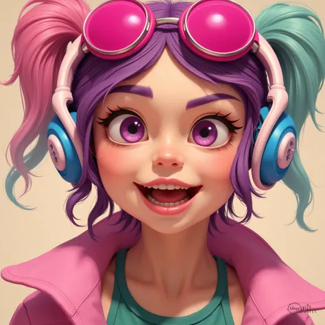 Jinx, expressive eyes, The art style is lighthearted, with soft, playful energy