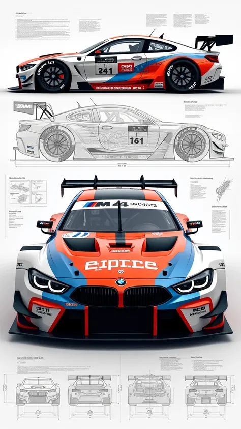 This image provides an exceptional level of technical detail and design insight into the BMW M4 GT3 race car. The central focus is the dynamic, aggressively styled exterior of the vehicle, with its bold color scheme, intricate aerodynamic bodywork, and pro...