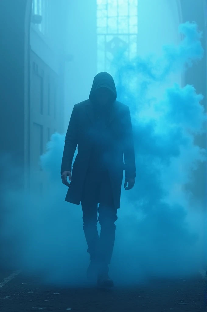 a man walking behind him there was blue smoke 