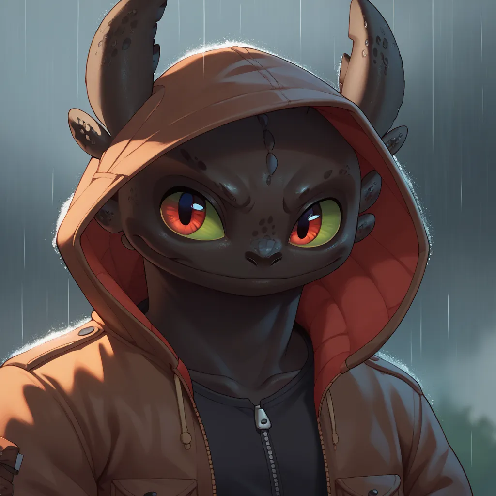 a little scary and serious not-so-cute anthro toothless, with red eyes in a rainy weather jacket, a cool powerful masterpiece