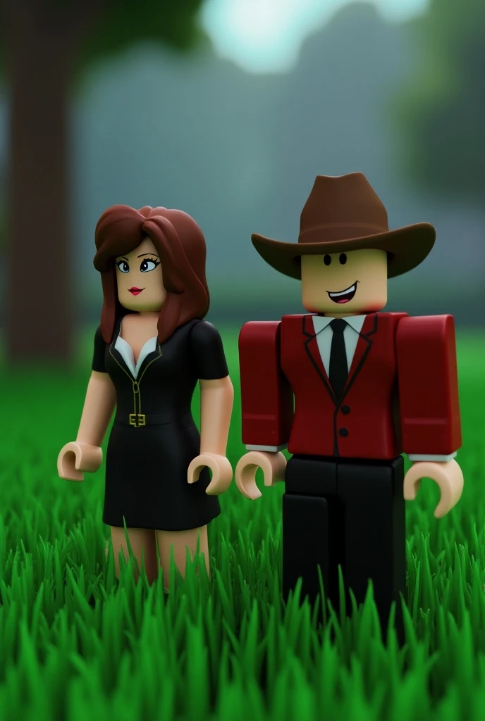  please make an image related to the game Roblox Murder Mystery 2: Very striking for the video in the image must have the assassin muder /Female character and the sheriff male character with flashy grass background please lying down image
