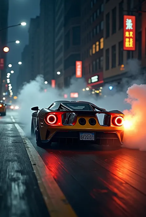 Realistic image of a 2016 Ford GT drifting and fire coming out of the wheels on an urban street at night