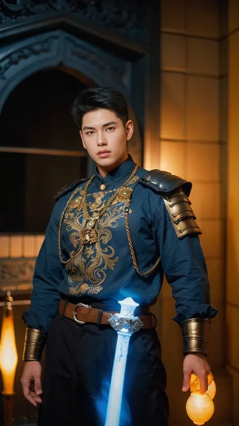 A asian boy like Mighty Archangel Michael, 19 years old, handsome, Full Body Shoot, (eyes contact), detailed facial parts, Manly, a little six packs attractive body and Quiff haircut :: high detail, is in highly detailed battle armor, holding a detailed fl...