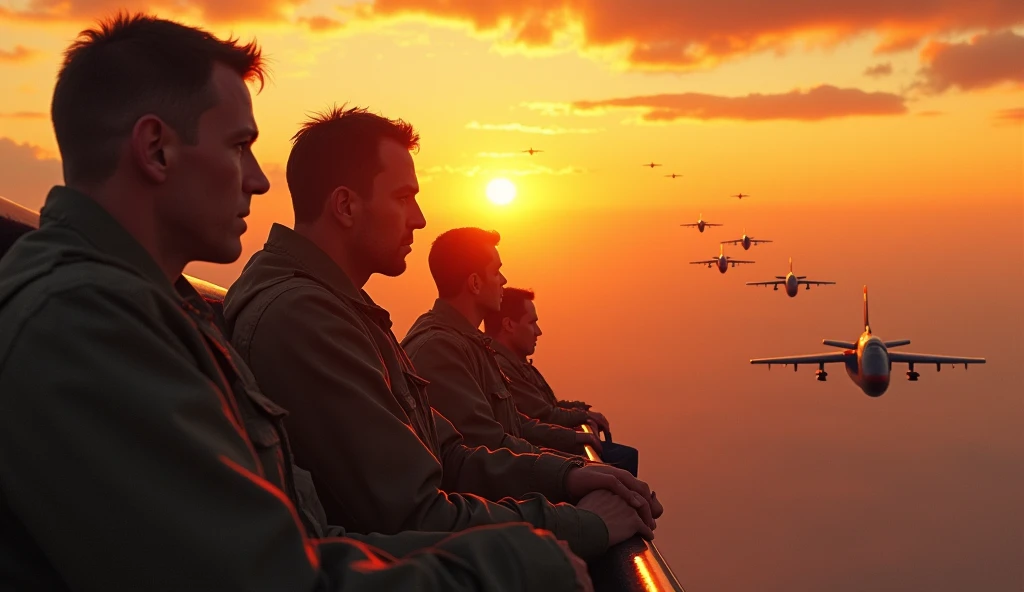 A scene with Bond’s squadron returning over a sunrise, highlighting both triumph and the somber loss of pilots. Add faint silhouettes of planes in memory of those who didn’t return