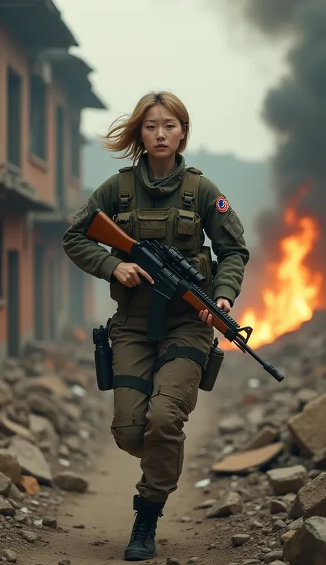 realisme photogrpah 1.2 of a korean woman short hair blonde Running with hold M14A Carbine from Army Command Special Operations Course, background destroy building with fire and black smoke, ultra HD 8K picture