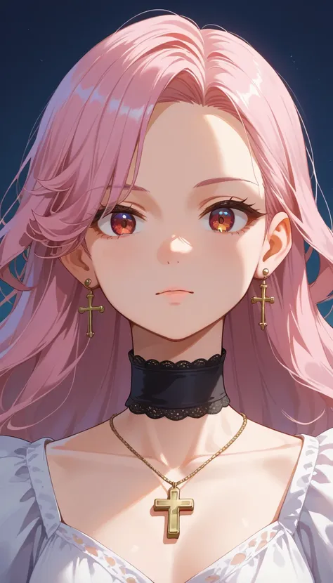  An anime girl with long, flowing lavender pink hair styled in loose waves, dressed in a sleek, high-neck black and silver spce suit with intricate circuitry patterns. She has soft brown eyes, a black choker with a tiny cross pendant, and silver cross earr...