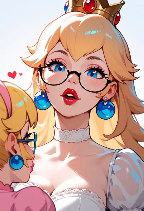 An illustration of a femdom princess Peach character wearing lipstick, glasses and heart earrings.