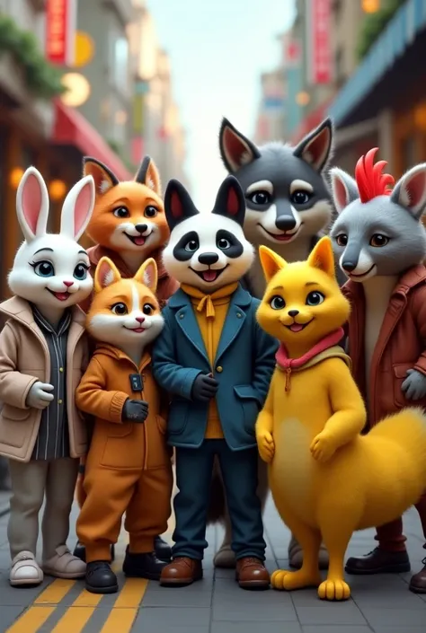 Fashionable Same Size All Female Rabbit, Panda, Dog, Fox, Gray Wolf, yellow Cat, Koala and yellow Chicken taking selfie