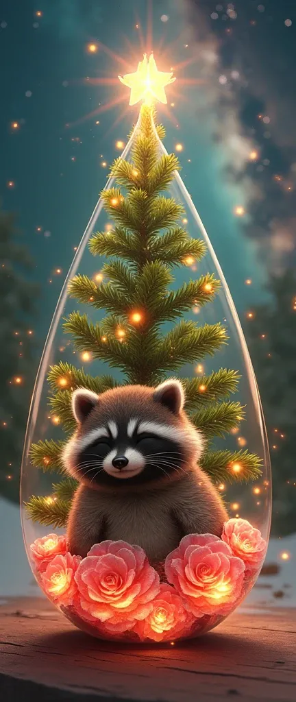 A photo of a Christmas tree with a baby raccoon inside the trunk. The raccoon is extra fluffy and has its eyes closed. The tree is placed on a Juicy Sunny background. There is a rainbow prism of light flickering around the raccoon. The trunk has a transpar...