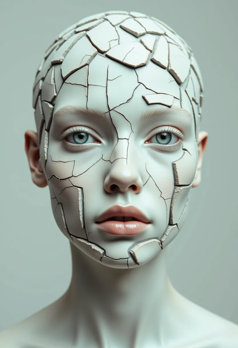 this is a highly detailed, photorealistic digital artwork featuring a woman's face rendered in a surreal, cracked ceramic textur...