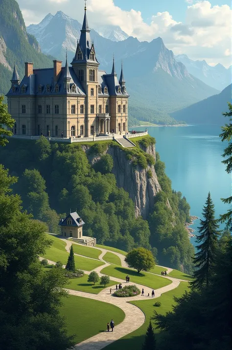 A boarding school up a hill with a view of a lake below