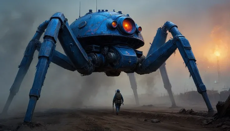 concept art, Datsun 180-j 1975 blue_glitter Clockworkspider walker from the First World War. Oil painting trend, muted colors, slate tones, brush strokes, puffy marks, hydraulics, sharp areas next to smooth, dark next to light, soft next to hard, explosion...