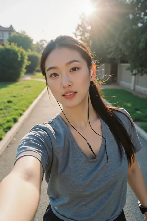 A 36-year-old female CEO of a listed company takes a cute selfie from the first perspective. She has a round face and long straight black hair in a ponytail. She is wearing high-end fashion brand sportswear. She is wearing sports Bluetooth headphones and A...