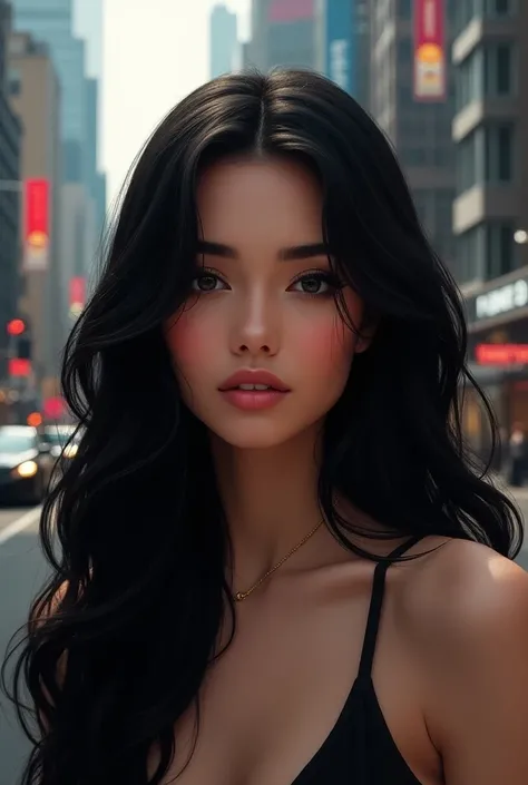 black haired woman, white, Young, beautiful, in a city 