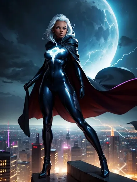 detailed background, masterpiece, best quality, 25 year old Storm superhero jumpsuit, African descent, flying over the city, futuristic skyline, long black cloak, evil but beautiful face, slim toned figure, full body, dark skin, elegant , graceful, powerfu...