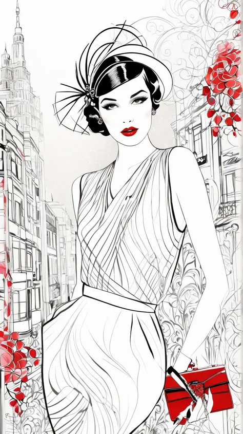 
Create a stunning fashion illustration inspired by Mustafa Soydans style. The artwork should feature a line art sketch on a dreamy  background, showcasing vibrant 1920s fashion. Incorporate elements like red lipstick and colored clothing, with a dreamy, b...