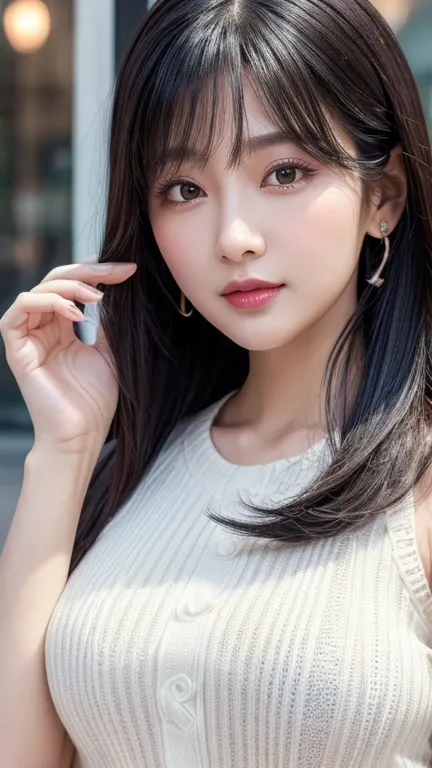 Best Quality, shape, 非常に Details,  Details,  Hi-Res, 8k wallpaper,  perfect dynamic configuration , Jet Black Hair、 Attention to beautiful details ,   natural lips , (( stare at viewers))、Beauty、Beauty、 clevis、 glamorous 、Cafe、white knitted top