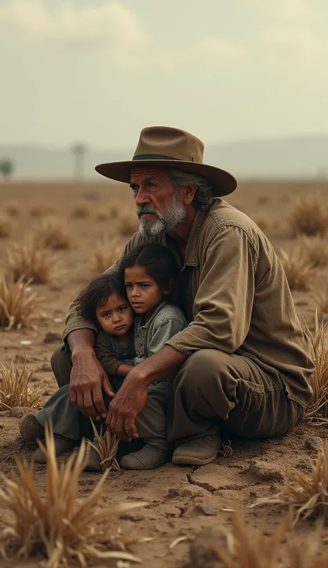 Farmer sitting in your farm drought conditions 
With your family 