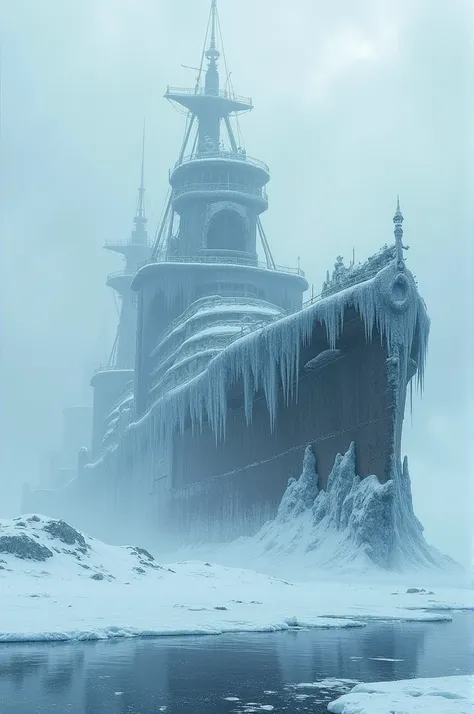 An ice-covered landscape where a giant shipwreck lies frozen in time. Snow and ice have partially covered the ship, and the sky is overcast with a cold, muted light. Small details of the ship’s intricate design can still be seen under the ice.