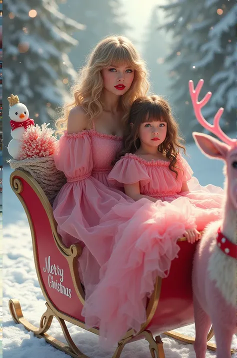 Taylor Swift (a woman with blonde hair, Red lipstick and a fringe) riding a sleigh with pink deers attached to it. on the sleighs side is written “merry christmas” sitting next to the woman is a girl with Brown hair and eyes. They are both wearing pink dre...