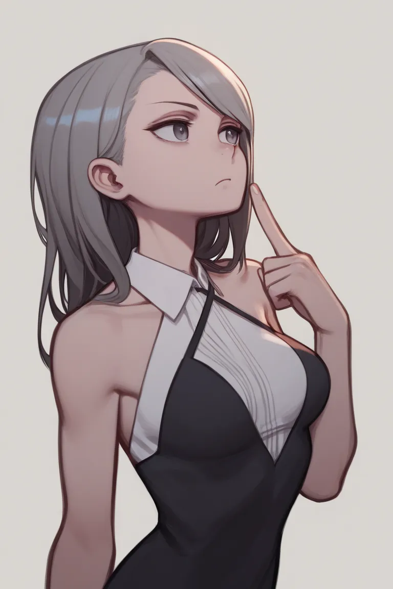 score_7_up, high resolution,  1girl,  looking forward , little finger out , strict and serious facial expression, oseledets,  asymmetric bangs , Dark grey eyes,  medium breasts ,  formal costume