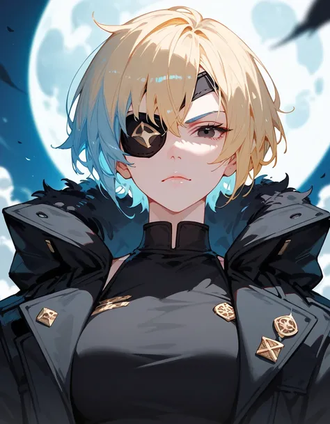  sister model ,Moon god , light yellow hair, light blue hair tip,Short hair, in black eyes, eyes patch, black coat ,Black undershirt ,Fierce face