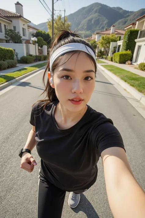 A 36-year-old female CEO of a listed company takes a cute selfie from the first perspective. She has a round face and long straight black hair in a ponytail. She is wearing high-end fashion brand sportswear. She is wearing sports Bluetooth headphones and A...