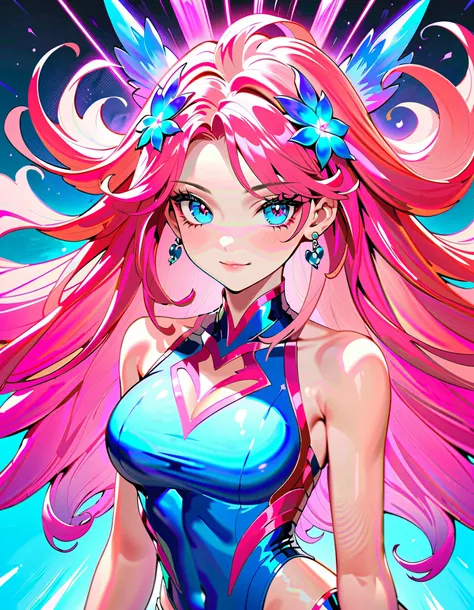 Close-up of a woman with colorful hair and necklace, anime girl with cosmic hair, She wears a sleek, form-fitting, red and blue one-piece suit. Her outfit includes matching pink gloves, knee-high lace-up boots, and black accents on the suit and gloves. Bar...