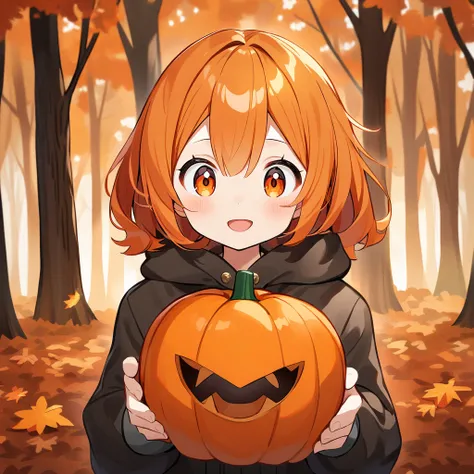 Bright orange hair, anime girl, fall forest background, holding pumpkin