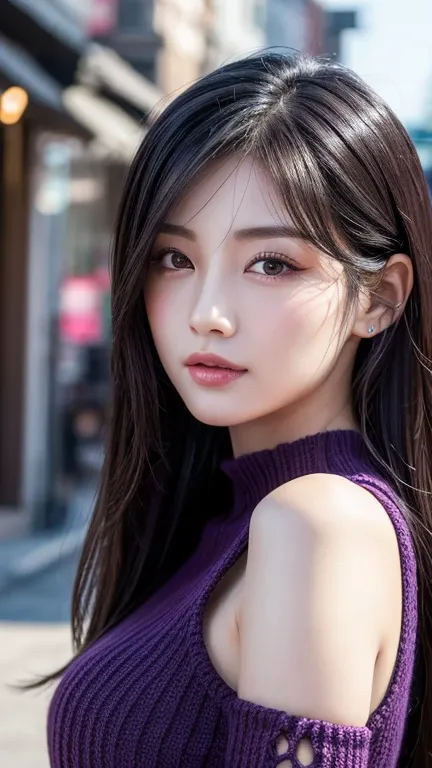 Best Quality, shape, 非常に Details,  Details,  Hi-Res, 8k wallpaper,  perfect dynamic configuration , Jet Black Hair、 Attention to beautiful details ,   natural lips , (( stare at viewers))、Beauty、Beauty、 clevis、 glamorous 、Cafe、pale purple knitted top