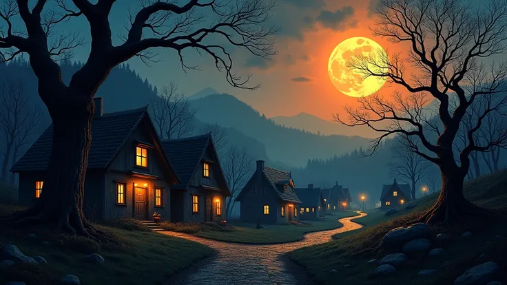 In this mesmerizing artwork, a captivating blend emerges from Gothic Revival and Chiaroscuro, imbuing the scene with a haunting yet cozy aura. The landscape, decorated with striking contrasts of light and shadow, showcases a collection of quaint houses ado...