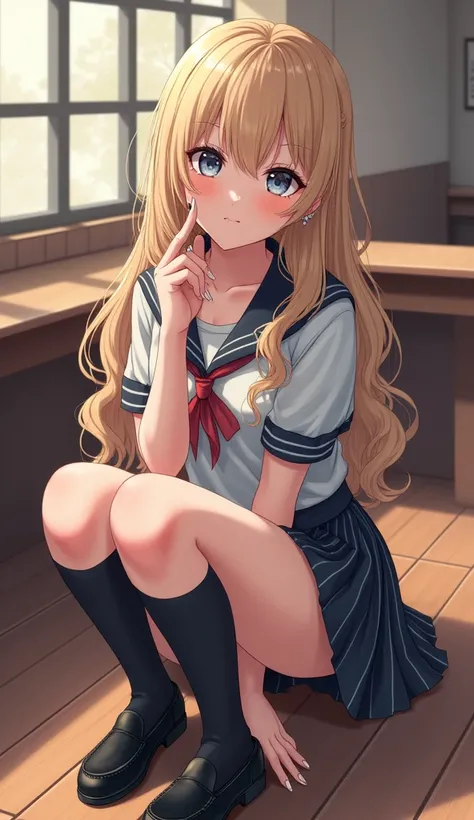 girl,gyaru,mature,student,teen,fair_skin,pale_skin,gyaru,slender face,blonde hair,curly hair,long hair,hair between eyes,mascara,long_eyelashes,anime_style_blush,grey eyes,slit_pupils,dot_nose,long_fingernails,nail_art,slender_waist,school_uniform,striped_...