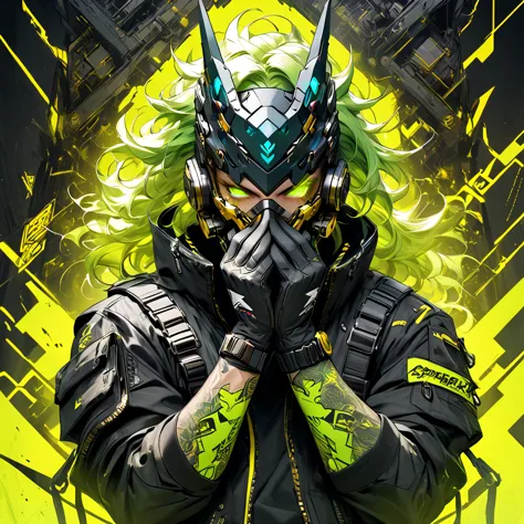 cyborg, 1_man_cyberpunk_2077, barghest, neon yellow and black techwear, cyberpunk backdrop, neongreen punk hair, golden skullmas...