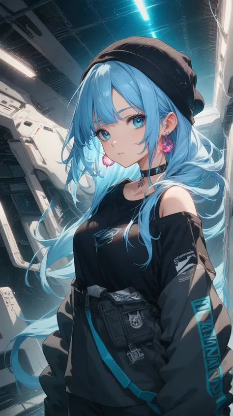 straight front view of An anime girl with shoulder-length, straight mint blue hair, styled with short sidelocks and a cute, sleek beanie. She wears a black sweater with silver studs along the collar and a white shirt underneath. Her cross earrings and chok...