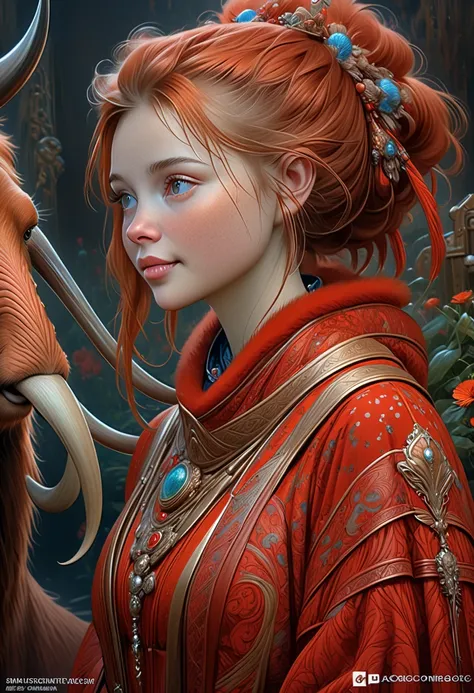 Brian Froud Inspired Beautiful Humanoid Creature. Cross Between A Wholly Mammoth And A walrus. Copper Red Fur. Female. Friendly And Inviting Looking. Exudes Good And Kindness. Wearing A 1920 Dress. Official Art, Award Winning Digital Painting, Digital Illu...