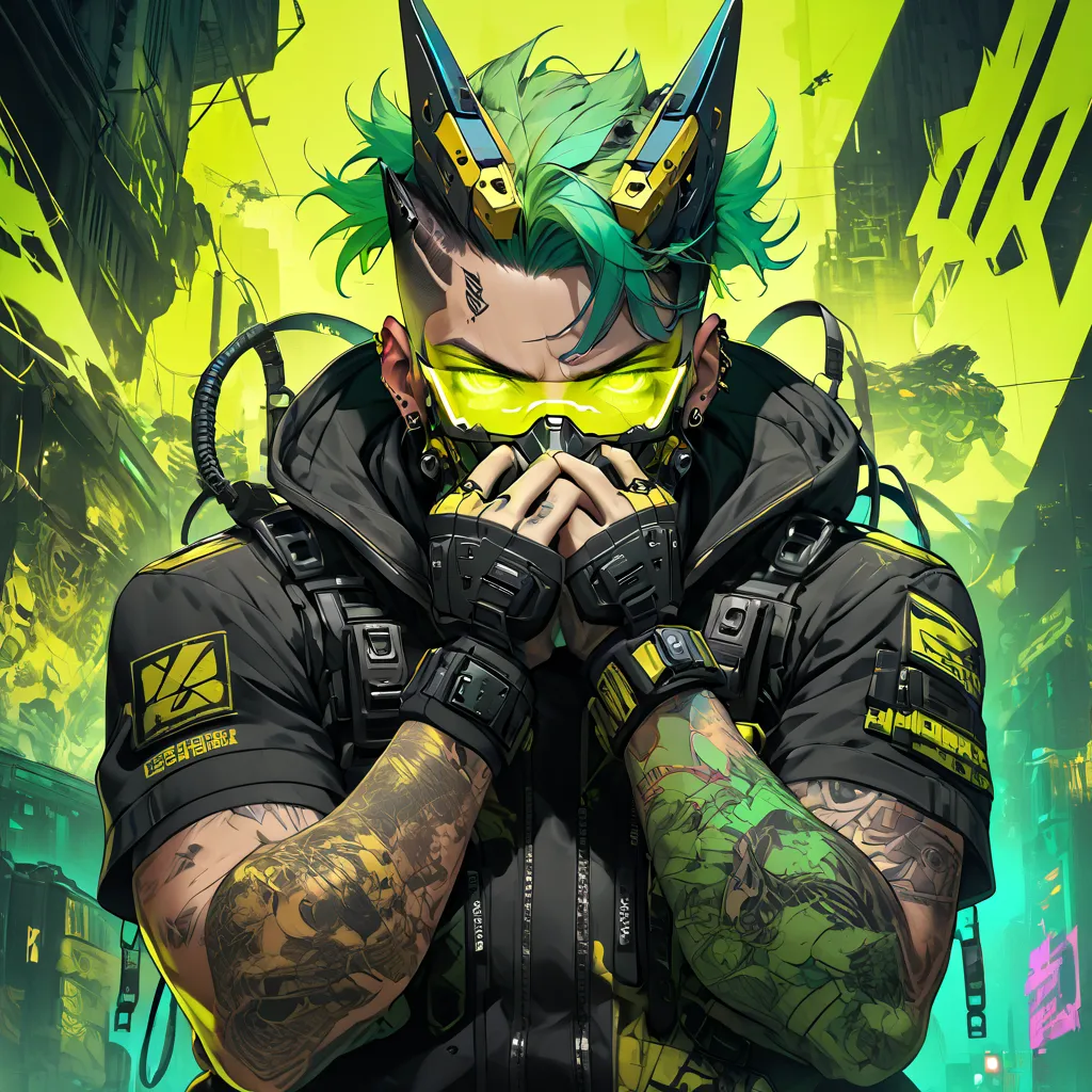 cyborg, 1_man_cyberpunk_2077, barghest, neon yellow and black techwear, cyberpunk backdrop, neongreen punk hair, golden skullmas...