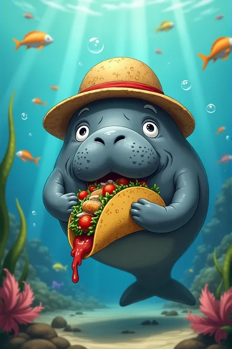 A manatee that looks like luffy and eats a tacco 