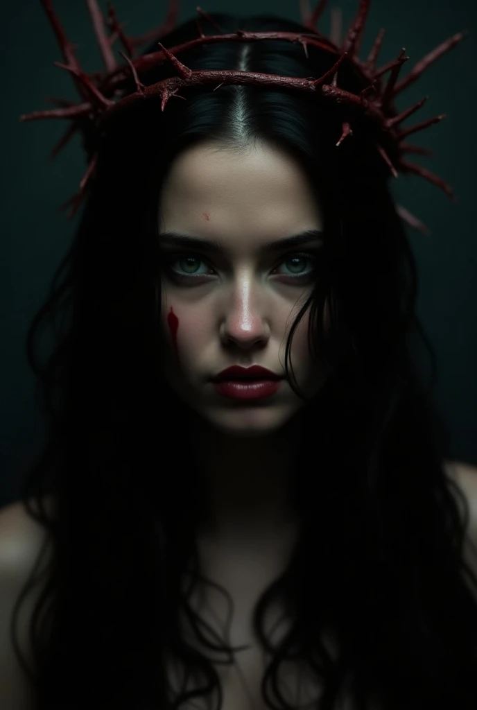 A gorgeous woman using a crown of thorns covered in blood. Dark long haired. With the face of Eva Green. Close up.