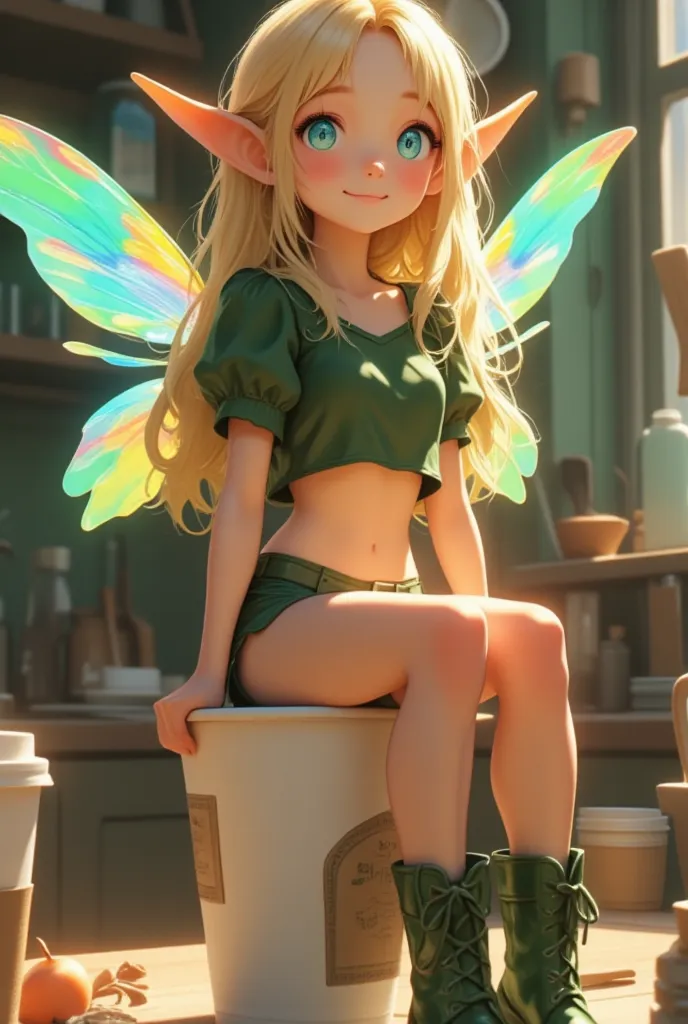 1 elven girl, solo, full body, a small-sized elf with transparent wings that shine with the rainbow color is sitting on the pape...