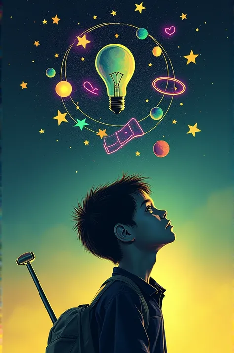 Background: Use a gradient of deep blue transitioning to golden yellow to symbolize the blend of his intellectual depth and warmth.
Central Figure: An abstract silhouette of a young boy gazing up at a star-filled sky, representing his curiosity and the exi...