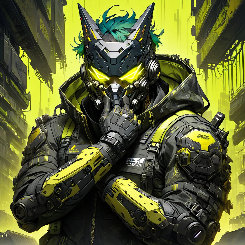 cyborg, 1_man_cyberpunk_2077, barghest, neonyellow and black techwear, cyberpunk backdrop, neongreen punk hair, golden skullmask...