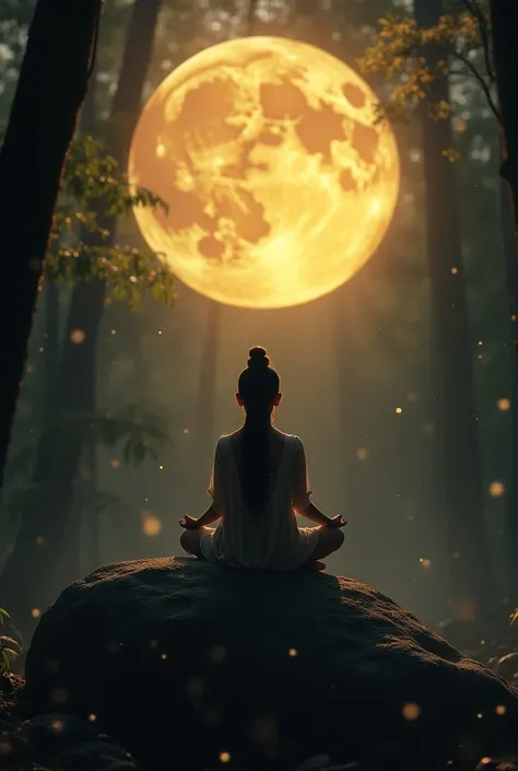 
Beautiful Thai girl(China) is sitting meditating on a large boulder. She sits quietly  [Surrounded by golden light, ] On a full moon night, bamboo forest background, in winter, snow, scattering, the image appears clearly and with intricate detail, surreal...