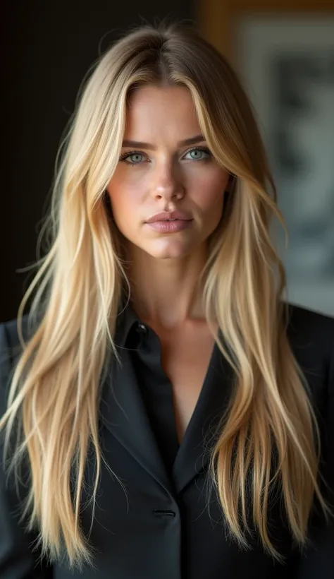 " A 28-year-old lawyer ,  of refined beauty , with straight and long blond hair ,  who are always flawless .  Her blue eyes convey a mix of ambition and charm ,  while her confident posture highlights her in any environment .  Her skin is clear and well-gr...