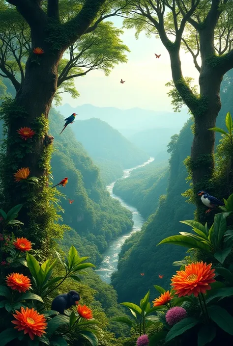 Amazonian landscape with trees with flowers and fruits and animals around the background