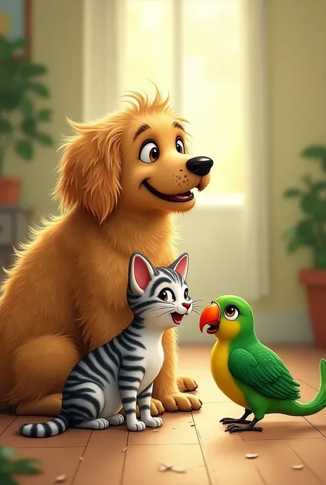 Large light brown dog with long hair with gray and white striped cat and a green parrot with a short orange beak and tail, Drawing