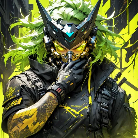 cyborg, 1_man_cyberpunk_2077, barghest, neon yellow and black techwear, cyberpunk backdrop, neongreen punk hair, golden skullmask over his mouth, neongreen glowing eyes, tattoos on lower arms, black gloves
